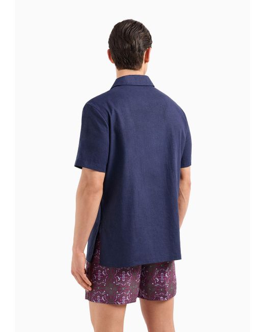 Camicia Beachwear A Maniche Corte In Misto Lino di Emporio Armani in Blue da Uomo