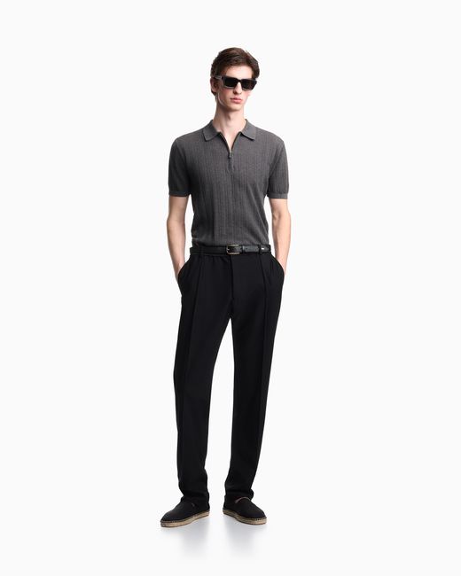 Emporio Armani Gray Vertical Tuck-Stitch Jumper With Polo-Shirt Collar for men