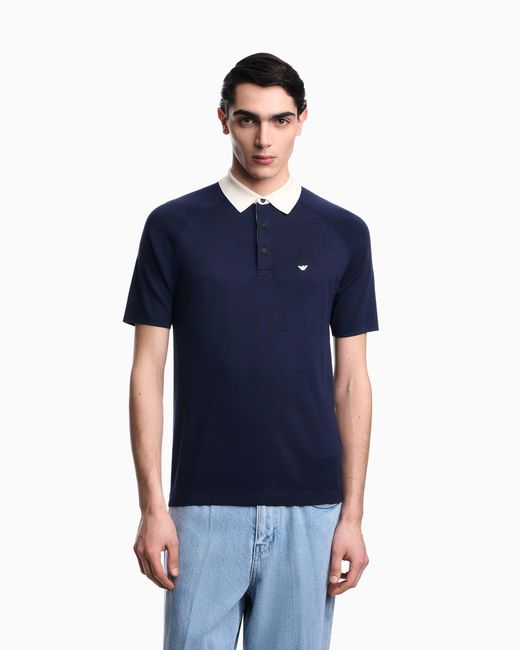 Emporio Armani Blue Plain-Knit Lyocell-Blend Jumper With Polo Shirt Collar for men
