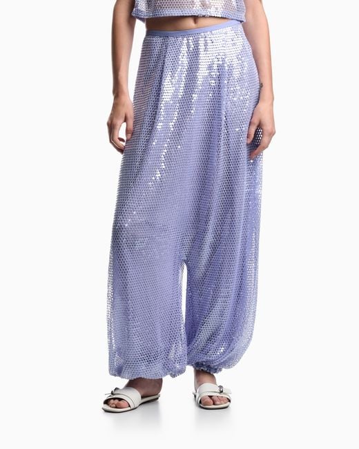 Emporio Armani Purple Mesh Crochet Trousers With All-Over Sequins