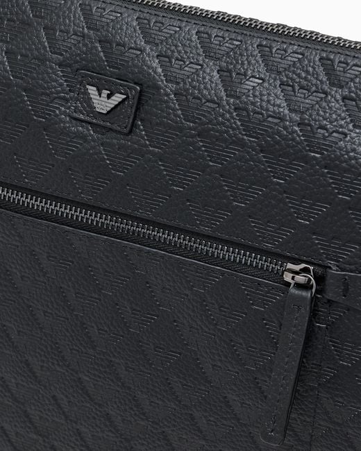 Emporio Armani Black Leather Document Holder With All-Over Embossed Eagle for men