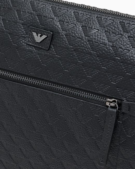 Emporio Armani Black Leather Document Holder With All-Over Embossed Eagle for men