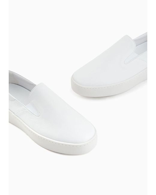 Emporio Armani White Nappa-leather Slip-ons With Icon Graphic Design Logo