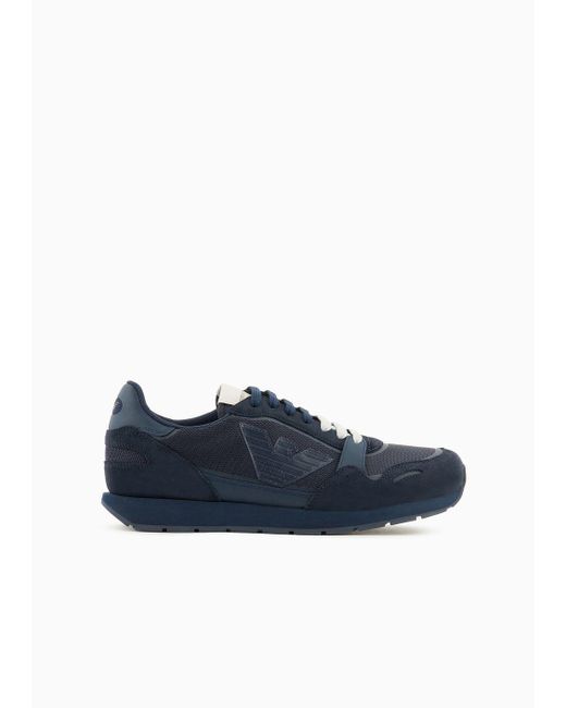Emporio Armani Blue Mesh Sneakers With Suede Details And Eagle Patch for men