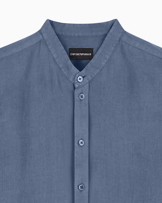 Emporio Armani Blue Garment-Dyed Linen Shirt With Guru Collar for men