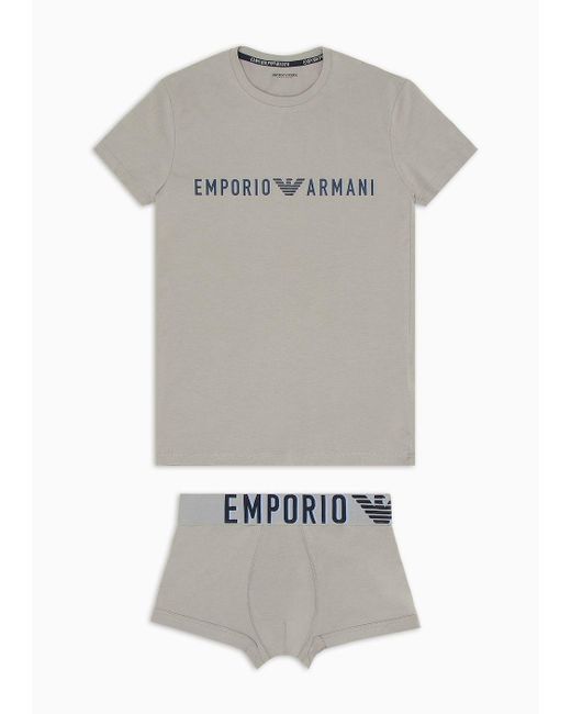 Emporio Armani Gray Asv Megalogo Organic-cotton Loungewear T-shirt And Boxer Briefs Set for men