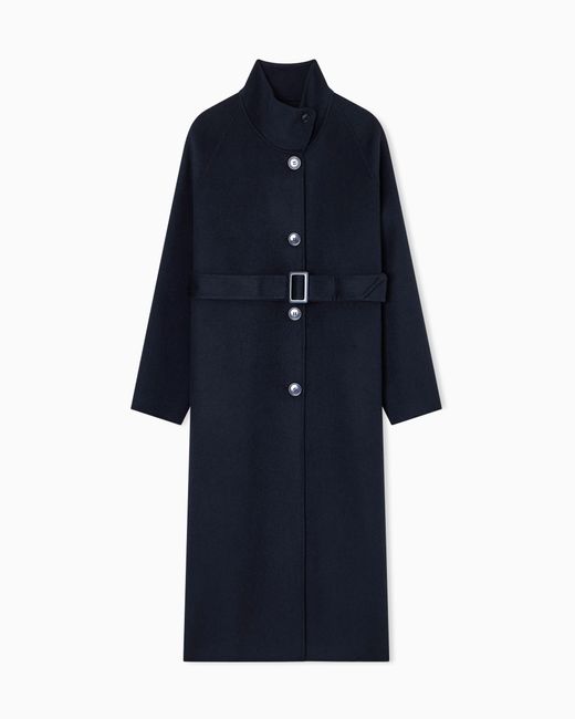 Abrigo De Cuello Alto Con Cinturón A Juego En Mezcla De Lana Emporio Armani de color Blue