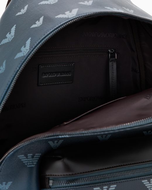 Emporio Armani Blue Coated Canvas Backpack With All-Over Eagle for men