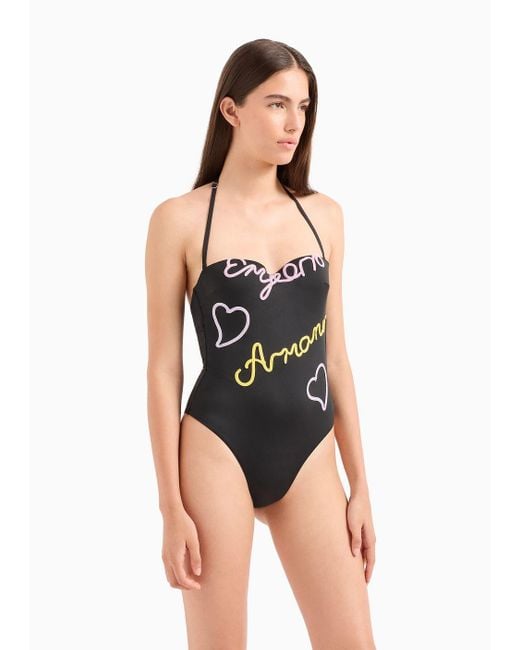 Emporio Armani Black Padded Lycra One-piece Swimsuit With Cornely Logo Embroidery