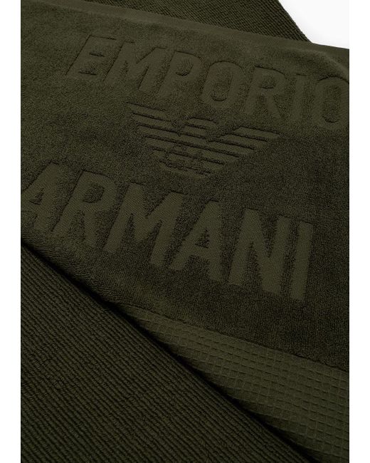 Emporio Armani Green Waffle-weave Terry Beach Towel With Logo