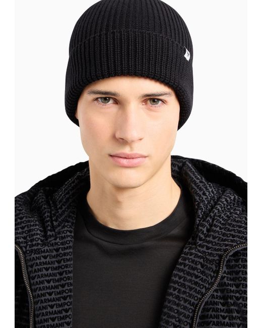 Emporio Armani Black Rib-knit Beanie With Turn-up Brim for men