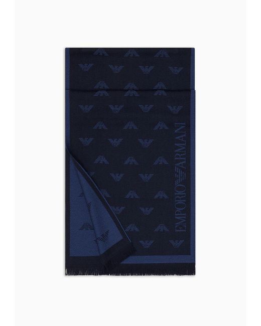 Emporio Armani Blue All-over Eagle Embroidered Wool Scarf for men