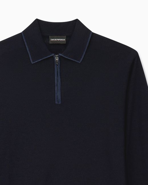 Emporio Armani Blue Travel Essential Smooth Wool Polo Collar Sweater for men