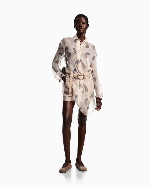Emporio Armani Natural Pure Silk Crepon Shirt Dress With Geometric Print
