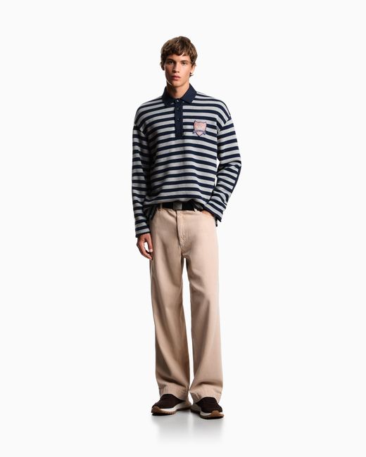 Emporio Armani Blue Eagle Club Striped Jersey Polo Shirt With Patch for men