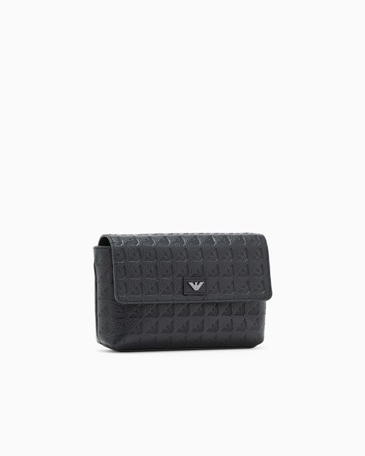 Emporio Armani Black Leather Crossbody Bag With Embossed Geometric Pattern for men