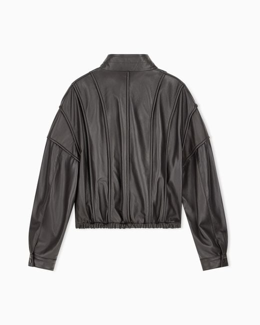 Emporio Armani Gray Cropped Nappa Leather Blouson Jacket With A Stand Collar for men