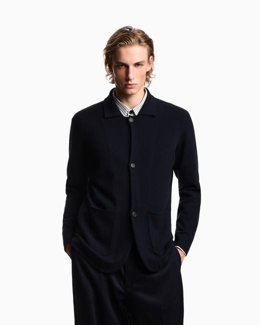 Emporio Armani Blue Plain-Knit Virgin-Wool Jacket for men