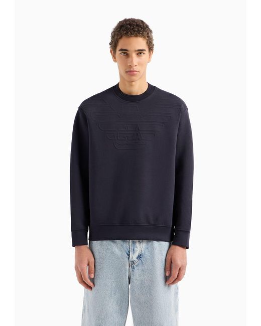 Emporio Armani Blue Double-jersey Sweatshirt With Embossed Oversize Logo for men