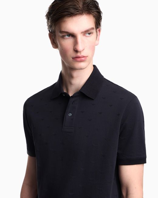 Emporio Armani Blue Slim-Fit Jersey Polo Shirt With All-Over Jacquard Eagle for men