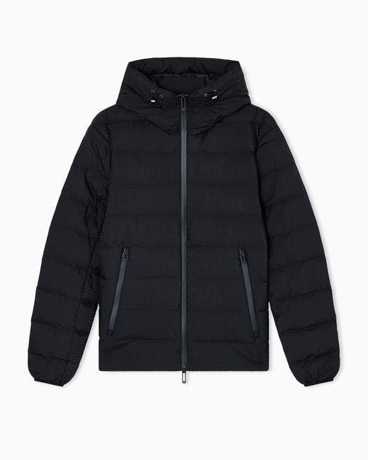 Emporio Armani Blue Hooded, Quilted-Nylon Down Jacket With Jacquard Logo Lettering for men