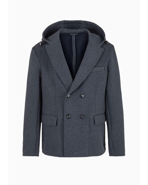 Emporio Armani Blue Double-breasted Jacket With Lapels And Hood In Technical Jersey for men