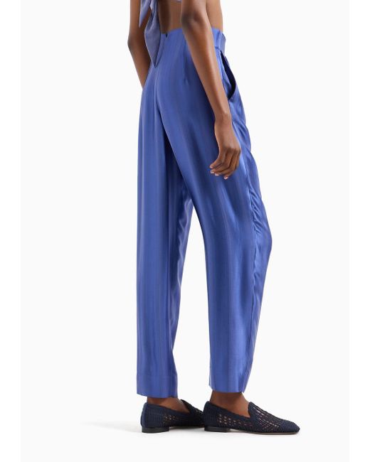 Emporio Armani Blue Oval-leg Trousers In Viscose Jacquard With Diagonal Gradient-effect Motif