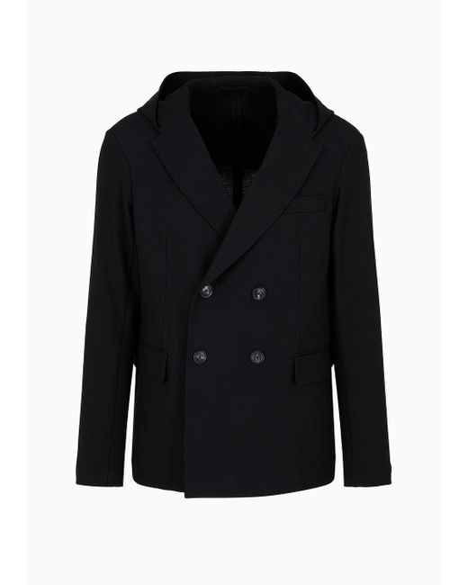 Emporio Armani Black Double-breasted Jacket With Hood In Jacquard Jersey for men