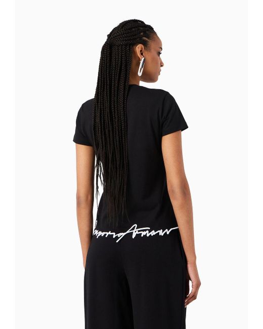 Emporio Armani Black Asv Organic-jersey T-shirt With Embroidered Shaped Hem