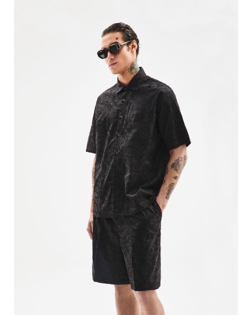 Emporio Armani Black Oversized, Short-sleeved Poplin Shirt With All-over Ramage Embroidery for men
