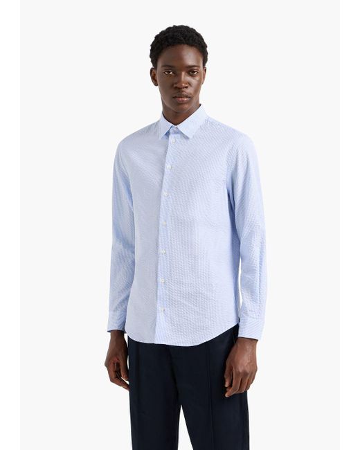 Emporio Armani Blue Cotton-seeksucker Shirt With Classic Collar for men