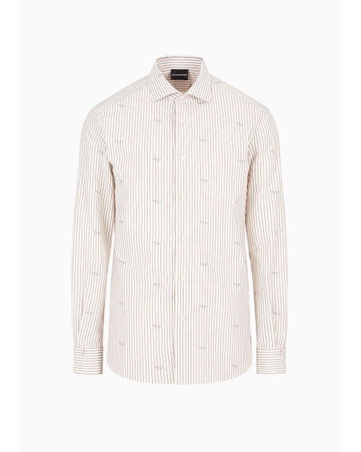 Emporio Armani White Cotton Fil Coupé Shirt With Vertical Jacquard Stripes for men