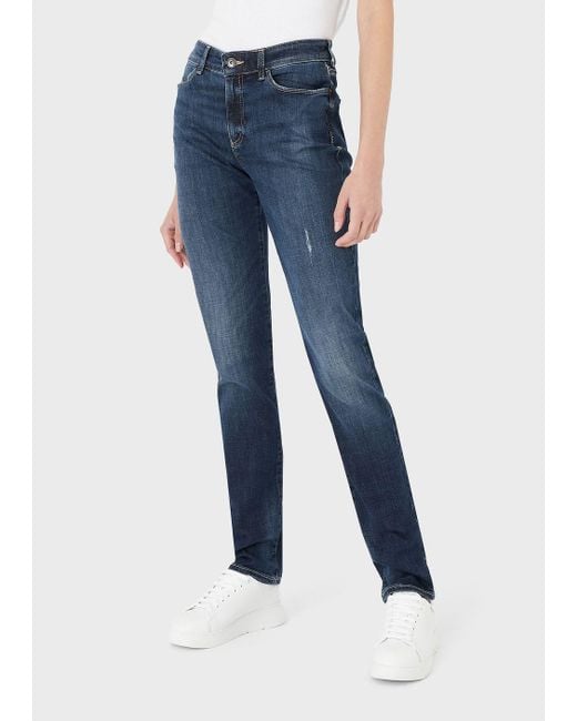 Emporio Armani J18 High-waisted Skinny-fit Vintage-effect Denim Jeans in  Blue | Lyst