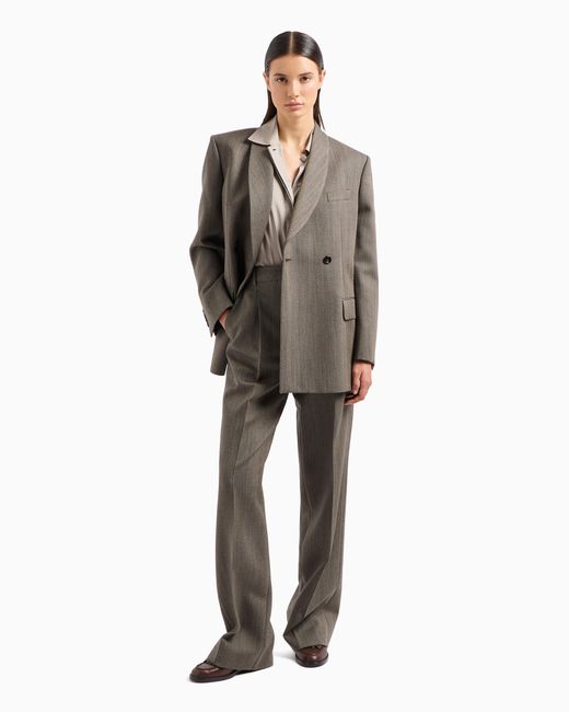 Emporio Armani Gray Mouliné Wool-Blend Chevron Motif Double-Breasted Blazer With Shawl Collar