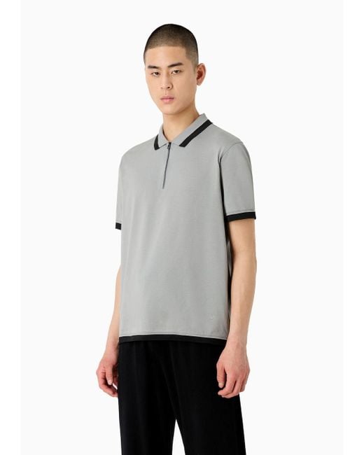 Emporio Armani Gray Mercerized Piqué Polo Shirt With Zipper And Contrasting Trim for men