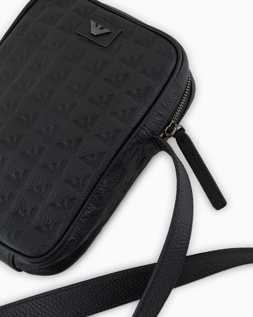 Emporio Armani Black Leather Tech Case With All-Over Embossed Eagle for men