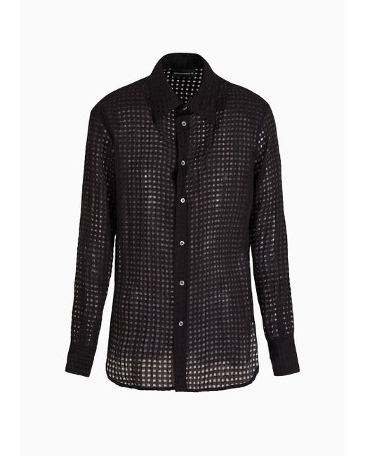 Emporio Armani Black Shirt In A Semi-transparent Viscose Blend With A Check Motif for men