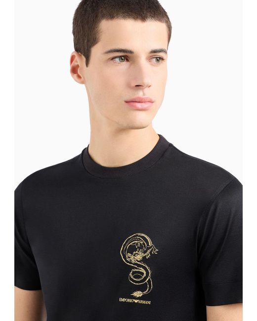 Emporio Armani Black Armani Sustainability Values Lyocell-blend Jersey T-shirt With Dragon Embroidery for men