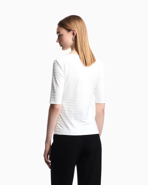 Emporio Armani White Jersey Jumper With A V-Neck And Jacquard Pattern Essential