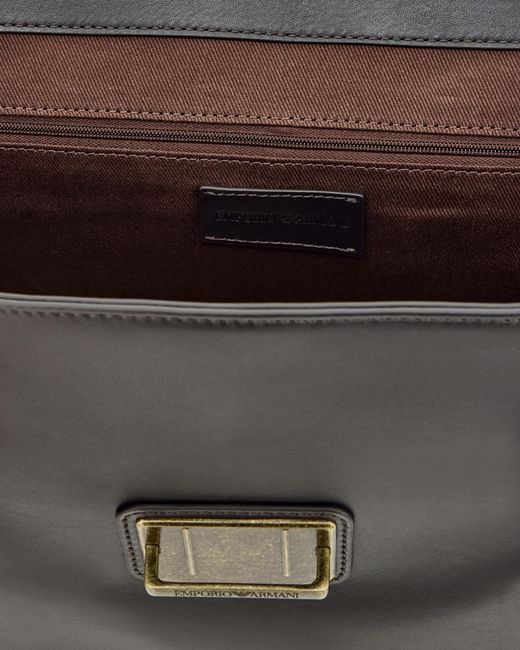 Emporio Armani Black Leather Briefcase With A Flap Closure And A Metal Clasp for men