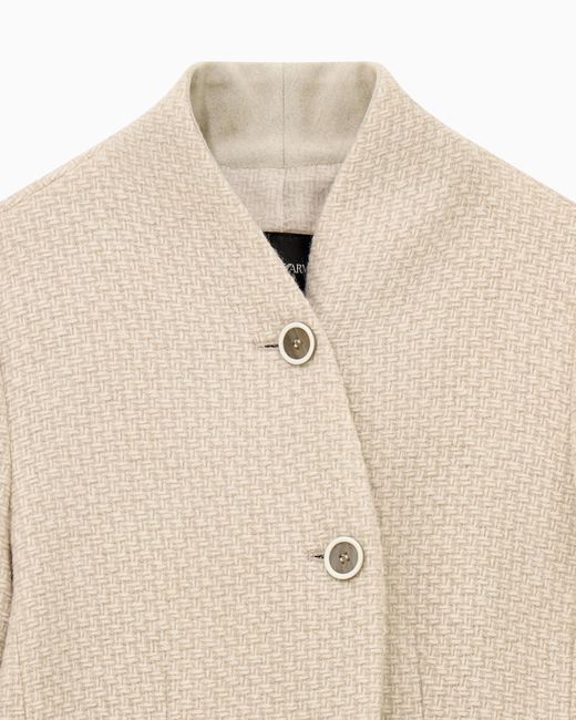 Emporio Armani Natural High-Neck Virgin Wool Blazer With A Jacquard Knit Effect