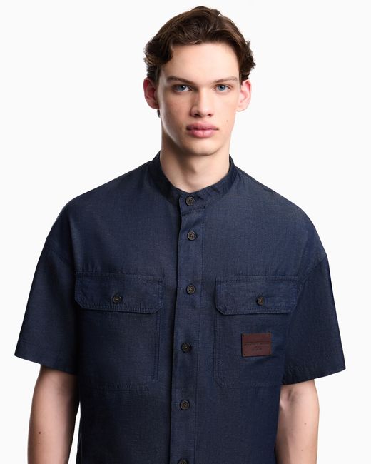 Emporio Armani Blue Denim Capsule Collection Comfort-Fit Lyocell-Blend Chambray Shirt for men