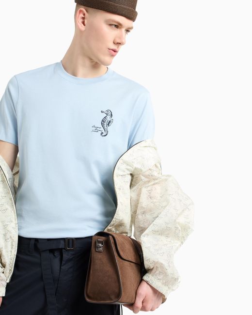 Emporio Armani Blue Asv Milleraies Jersey T-Shirt With Seaside Sea-Horse Embroidery for men