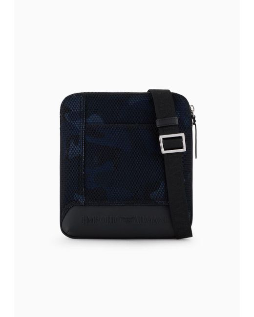 Emporio Armani Blue Camouflage Mesh And Jersey Flat Crossbody Bag for men