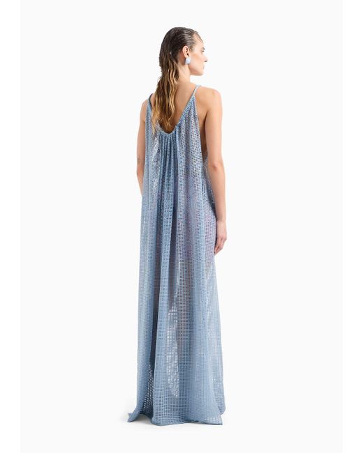 Emporio Armani Blue Plain Knit And Ottoman Long Dress With All-over Rhinestones