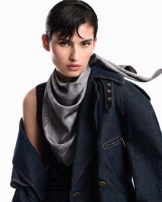 Emporio Armani Gray Pure Silk Twill Scarf With Chevron Print Signature Capsule
