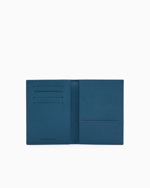 Emporio Armani Blue Regenerated Saffiano Leather Passport Holder With Eagle Plate for men