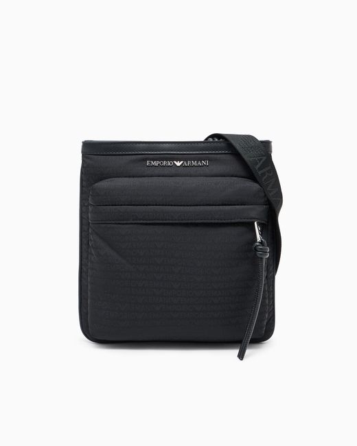 Emporio Armani Black Nylon Flat Shoulder Bag With Monogram Lettering for men