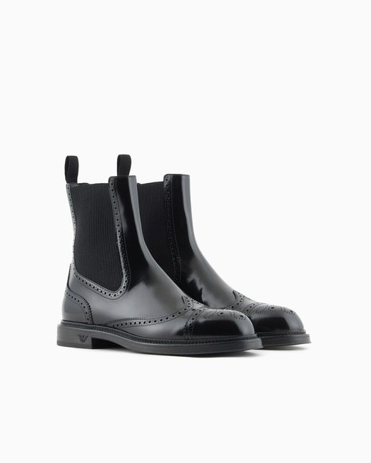 Emporio Armani Black Brushed-Leather Beatle Boots With Wingtip Perforations for men