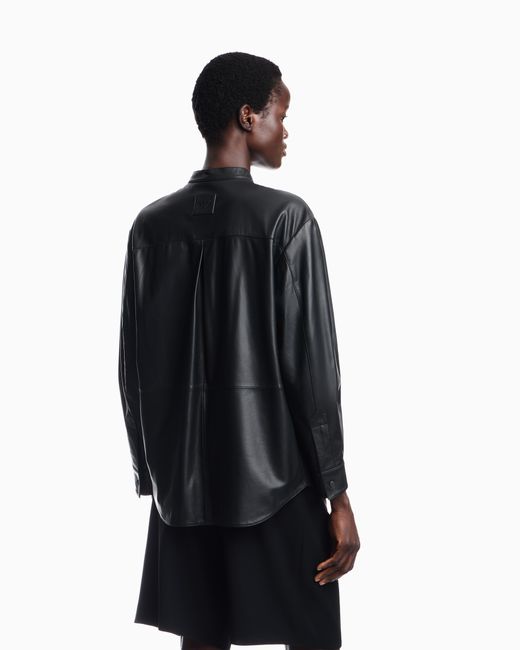 Emporio Armani Black Leather Shirt With Stand-Up Collar And Snap Buttons
